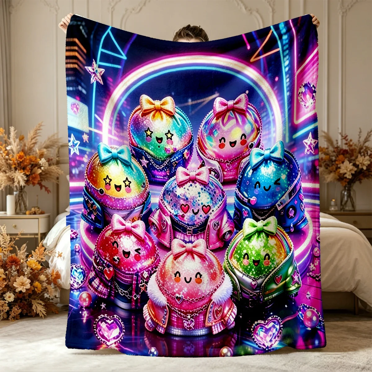 1pc Neon Cyber Cartoon Colorful Shimmering Bao with Bow Pattern Flannel Blanket, Comfortable And Soft, All-Season Use, Machine W