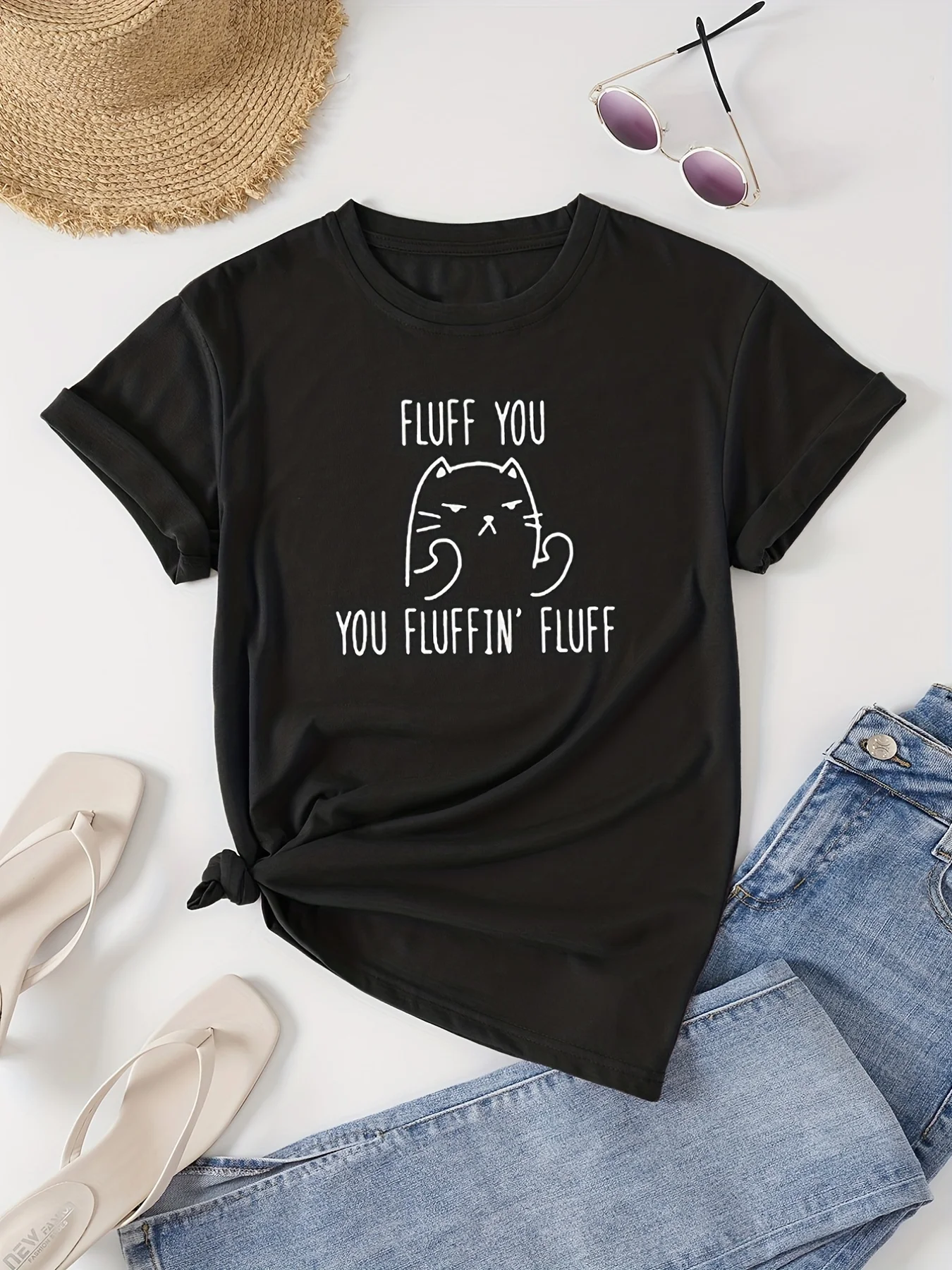 T-Shirt mit Katzenmuster, Rundhalsausschnitt, lässiges Kurzarm-T-Shirt für alle Jahreszeiten, lustige Grafik-T-Shirts für Damen, Oberteile, Kleidung, weibliches Outfit