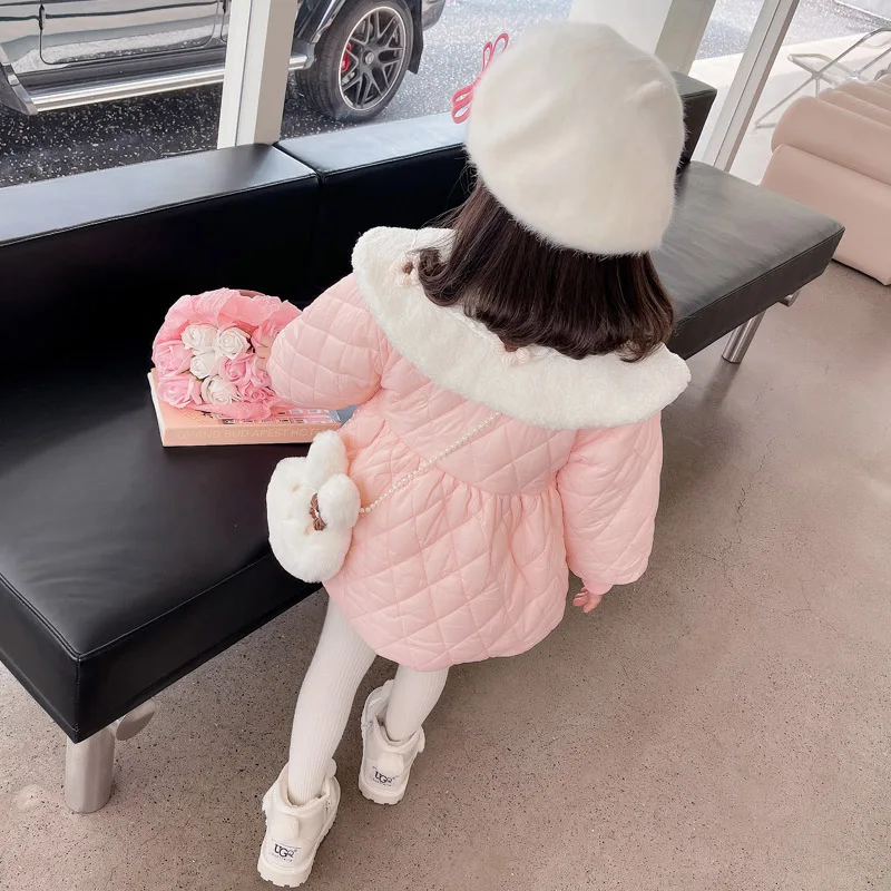 2023 Autumn Winter Baby Girls Coats Children Clothing Princess Floral Cotton-padded Jacket Outdoor Warm Plush Kids Outerwear