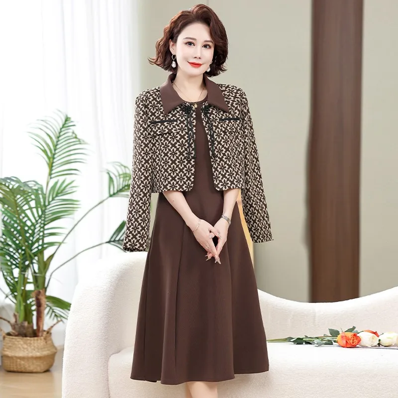 New Spring Autumn Long Sleeve Dress For Middle-aged Elderly Mothers Stylish Fashionable 2-piece Set