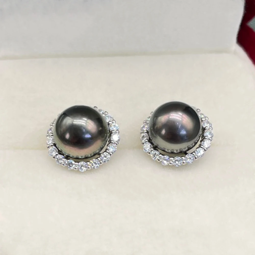 9-10mm Tahitian Black Pearl Earrings Luxury Fine Jewelry 925 Silver Sunflower Stud Earrings with Good Luster Real Tahiti Pearls