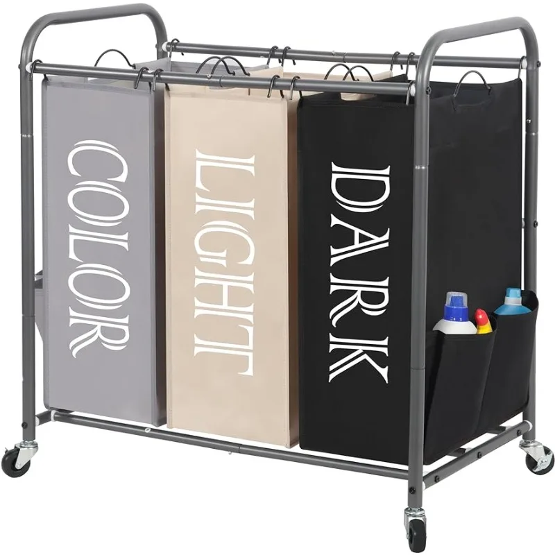 

3 Section Laundry Sorter, 3 Bag Laundry Hamper Cart with Heavy Duty Rolling Lockable Wheels and Removable Bags