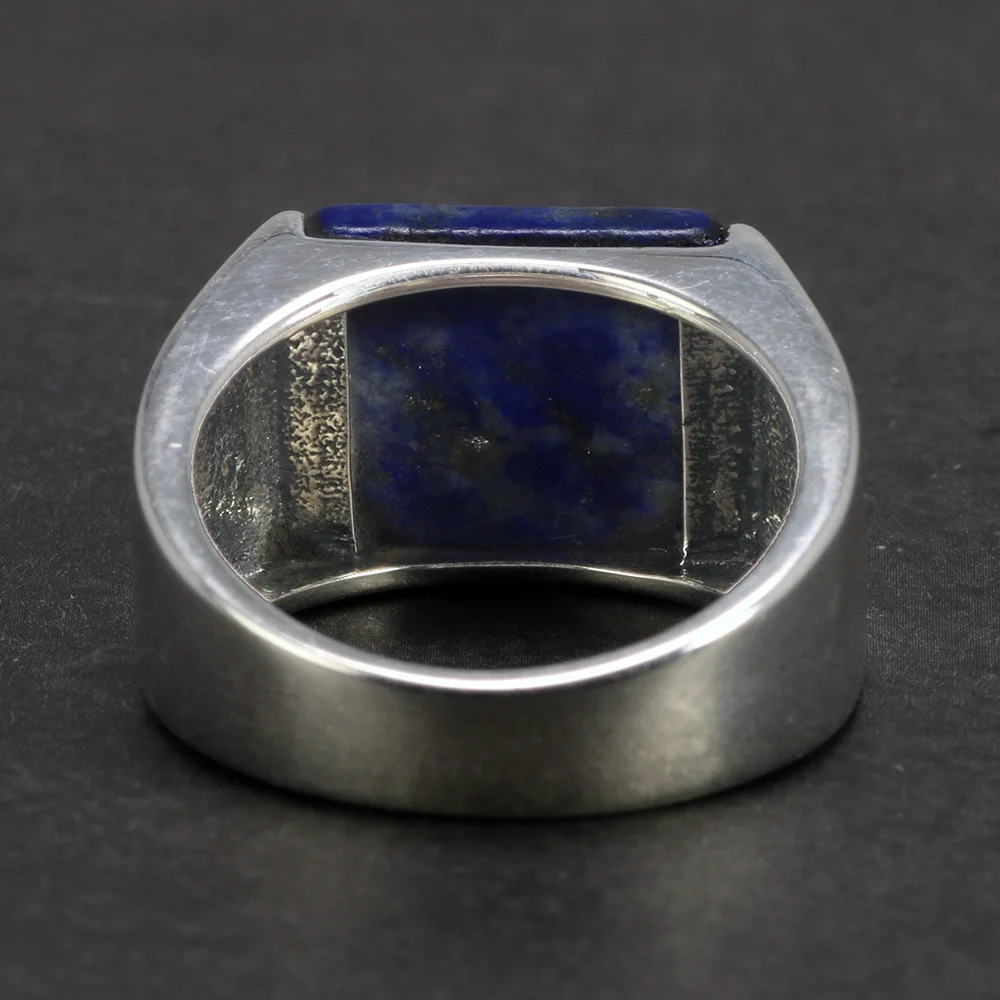 Solid 925 Sterling Silver Square Lapis Lazuli Agate Ring for Men Natural Gemstone Simple Classic Male Jewelry