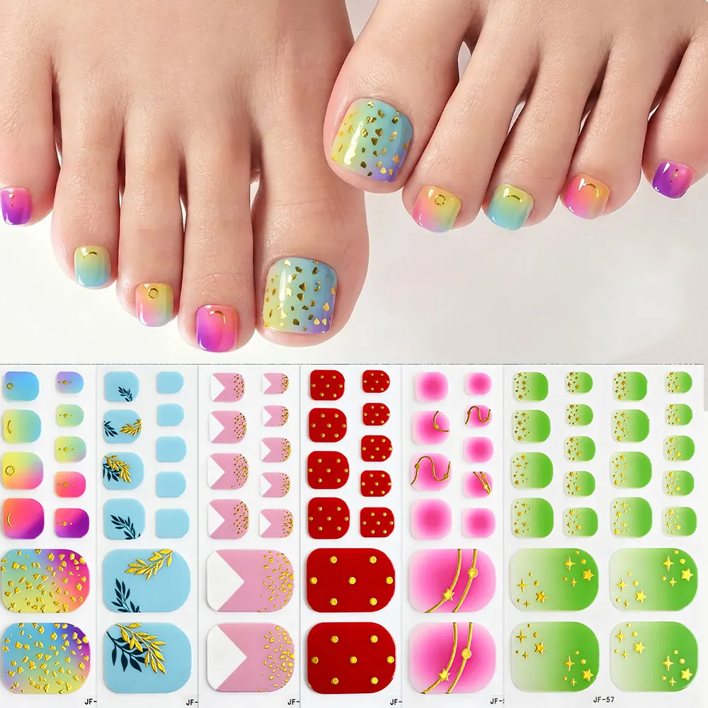 6sheets Red Pink Green Blue Toenail Full Wraps Glitter Gold Dotting French Lines Toe Nail Stickers Self-Adhesive Toenails Strips