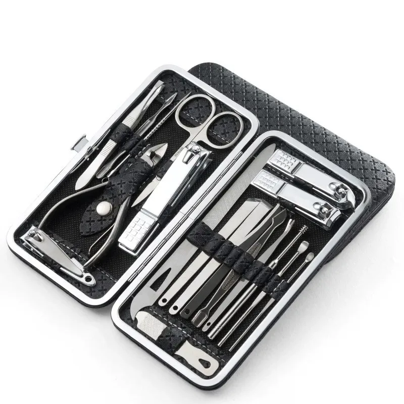 21Pcs Household Manicure Tool Kit, Angled Cuticle Nipper & Eyebrow Scissors Set with Portable Leather Storage Bag