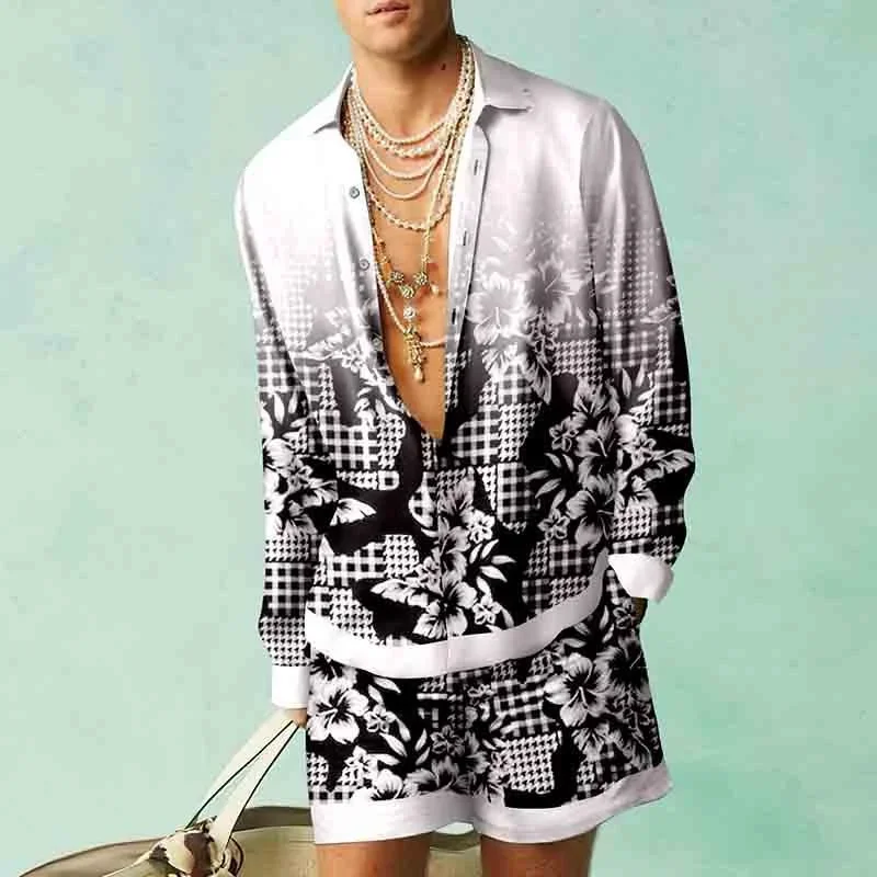 Casual Hawaiian Beach Set Men Outdoor 3D Koi carp print Abstract Long Sleeve Shirt 2Pcs Set of Breathable Loose Beach Shorts Set