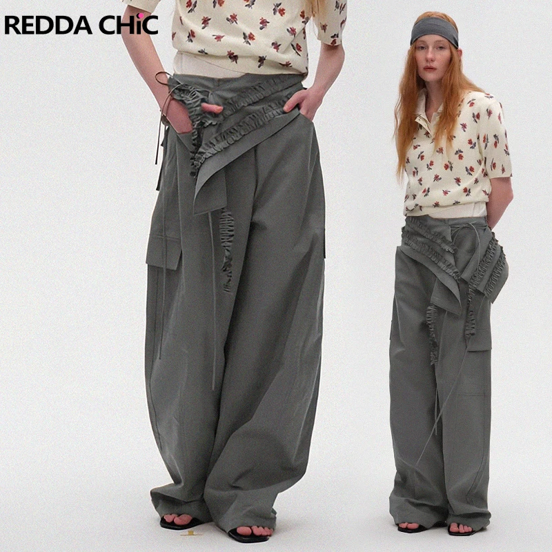 

REDDACHiC Wrap Skirt Bandage Cargo Pants Korea Multi-pocket Ruffled Fringe Wide Leg Suit Trousers Acubi Fashion Women Clothing