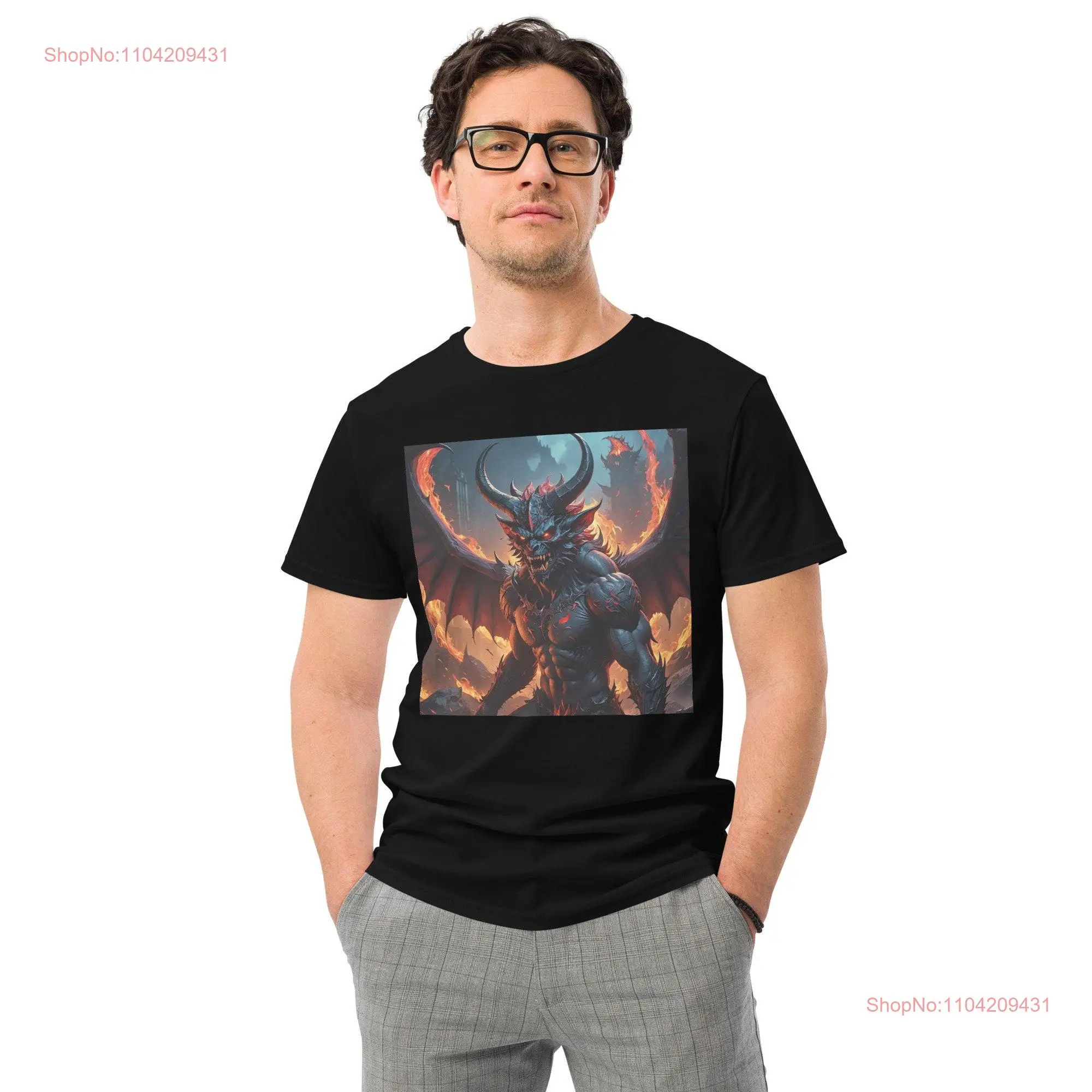 Men's premium Fantasy Demon T Shirt Black with Flame Art long or short sleeves