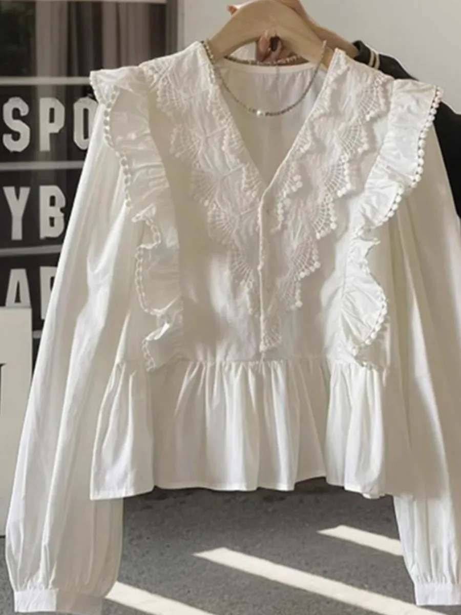 

Утягивающий V-образный вырез с кружевной отделкой, женский весенне-осенний новый повседневный свободный крой, длинный све, смесь хлопка и полиэстера