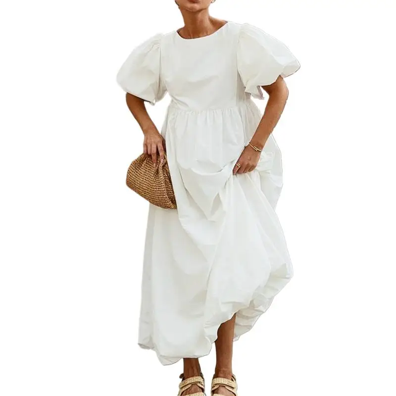 2026 Damen Sommer Puffärmel Bohemian Weißes Langes Kleid Hohe Taille Lockerer Stil Baumwolle Boho Maxikleid Vestidos Kleidung