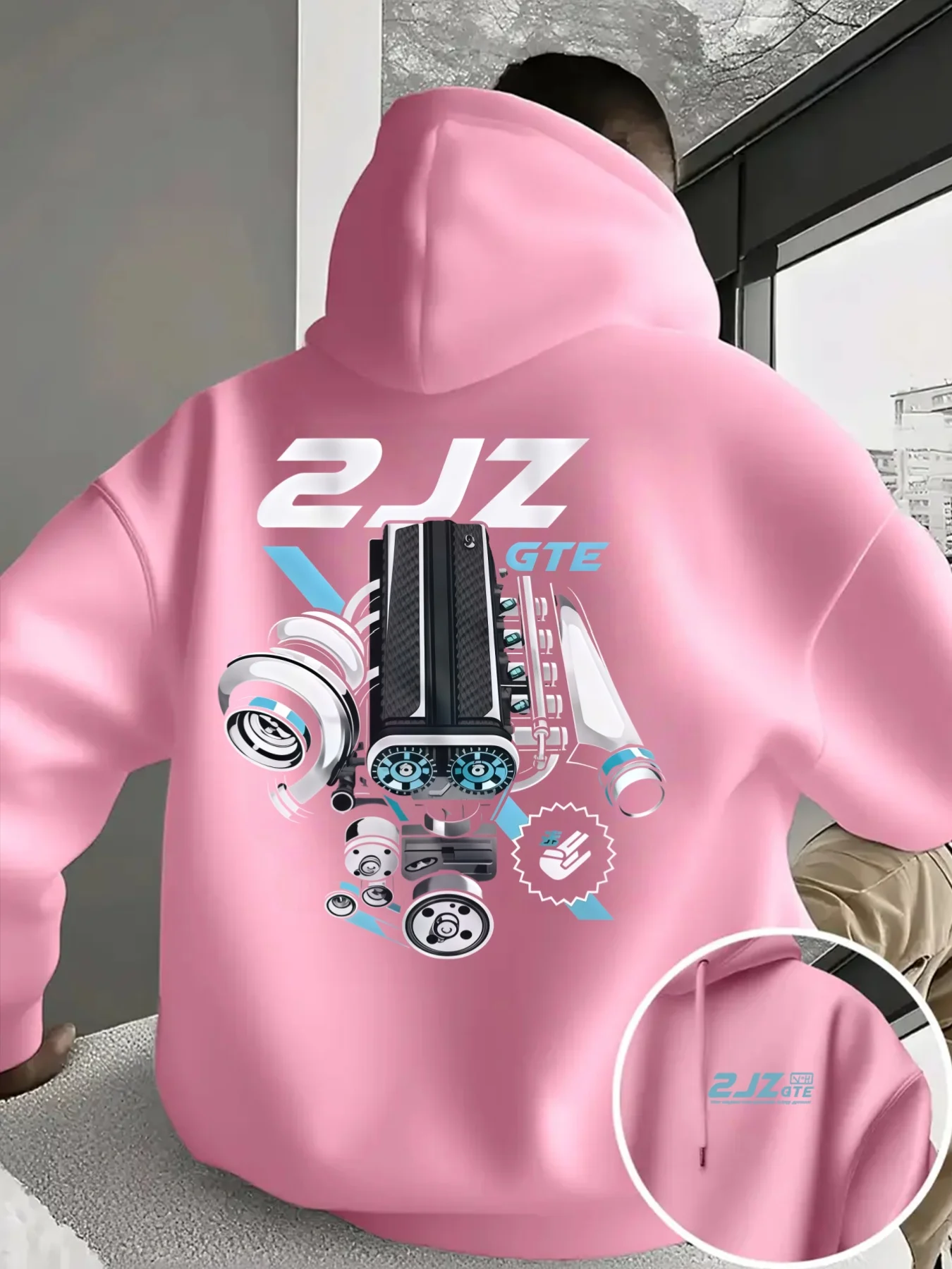Racing enthusiast's men's casual sport fleece pullover with racing engine assembly pattern and comfortable fit pullover hoodie.