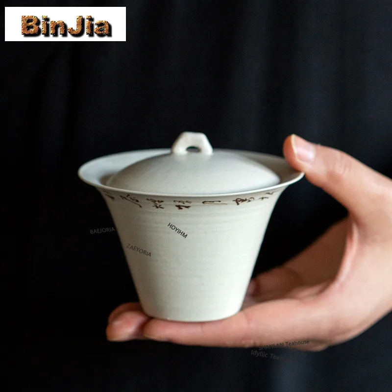 BAEJORIA 150ml Powder Yin Handwritten Poem Horseshoe Gaiwan Zen Tea Tureen Tea Bowl With Lid Kit Tea Maker Cover Bowl Teaware