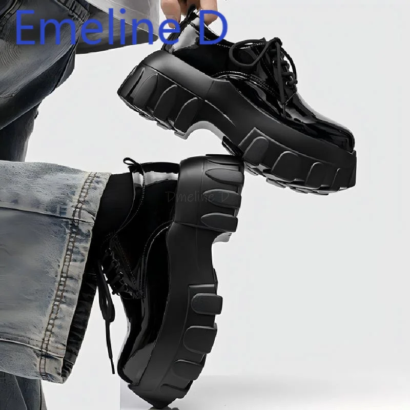 Bright Faced Thick Soled Sponge Shoes British Style Lace Up Round Toe Patent Leather Casual Versatile Height Increasing Shoes
