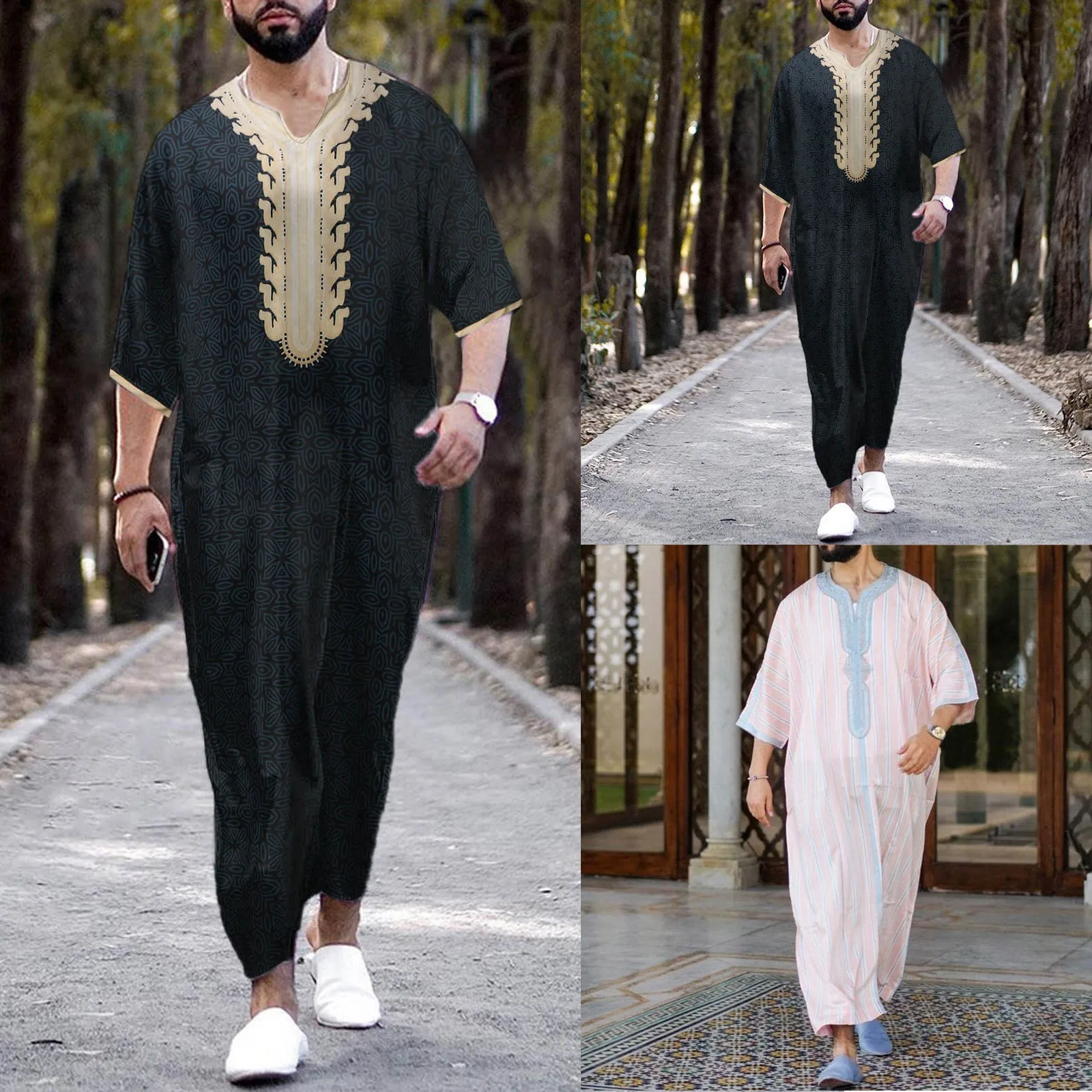 Men'S Short-Sleeved Muslim Clothing Arabic Ethnic Retro Style V-Neck Patchwork Printed Jumpsuits Muslim Robe Islamic Clothing