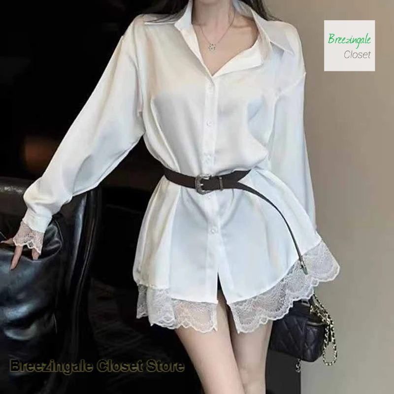 

French sweet POLO neck stitching lace skirt women's spring and summer shirts new great temperament lace age-reducing tops.