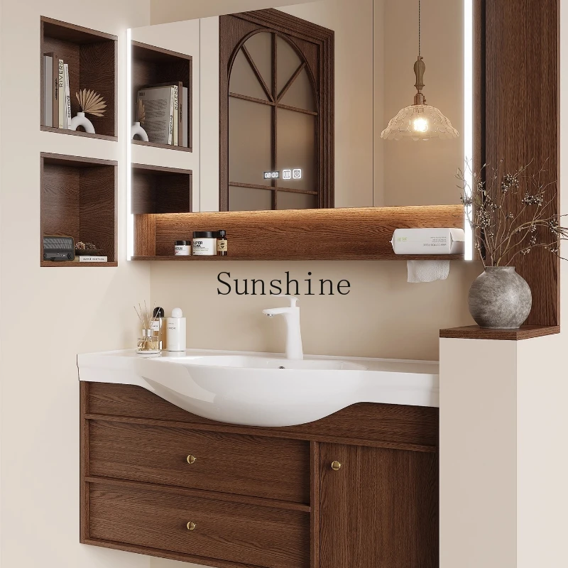 Narrow-sided ceramic integrated basin, antique bathroom, combined big belly basin is very narrow, washbasin cabinet