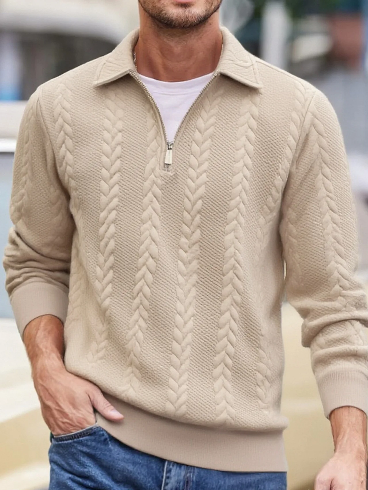 Mens Lapel Half Zip Sweatshirt Long Sleeve Cable Textured Pullover Relaxed Fit Tops For Daily Casual Autumn And Winter Dressing