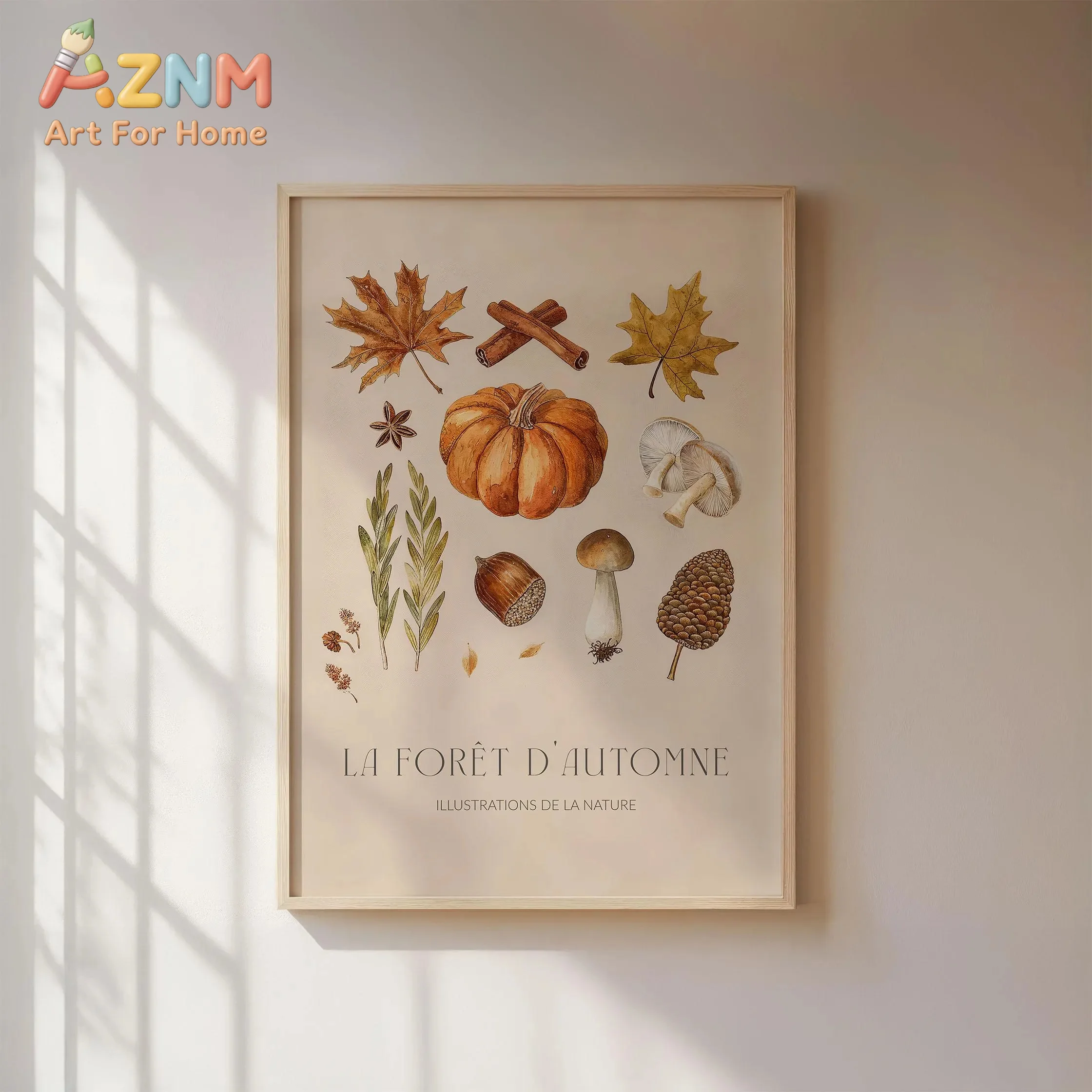 AZNM Watercolor Pumpkin Forest Leaf Vintage Autumn Canvas Wall Art, Neutral Rustic Fall‑themed Frameless Canvas Print Poster for