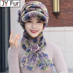 Winter Hat And Scarf Set Knitted Women Real Rabbit Fur Beanie And Scarf Women Knitted Real Rex Rabbit Fur Hats Natural Fur Caps