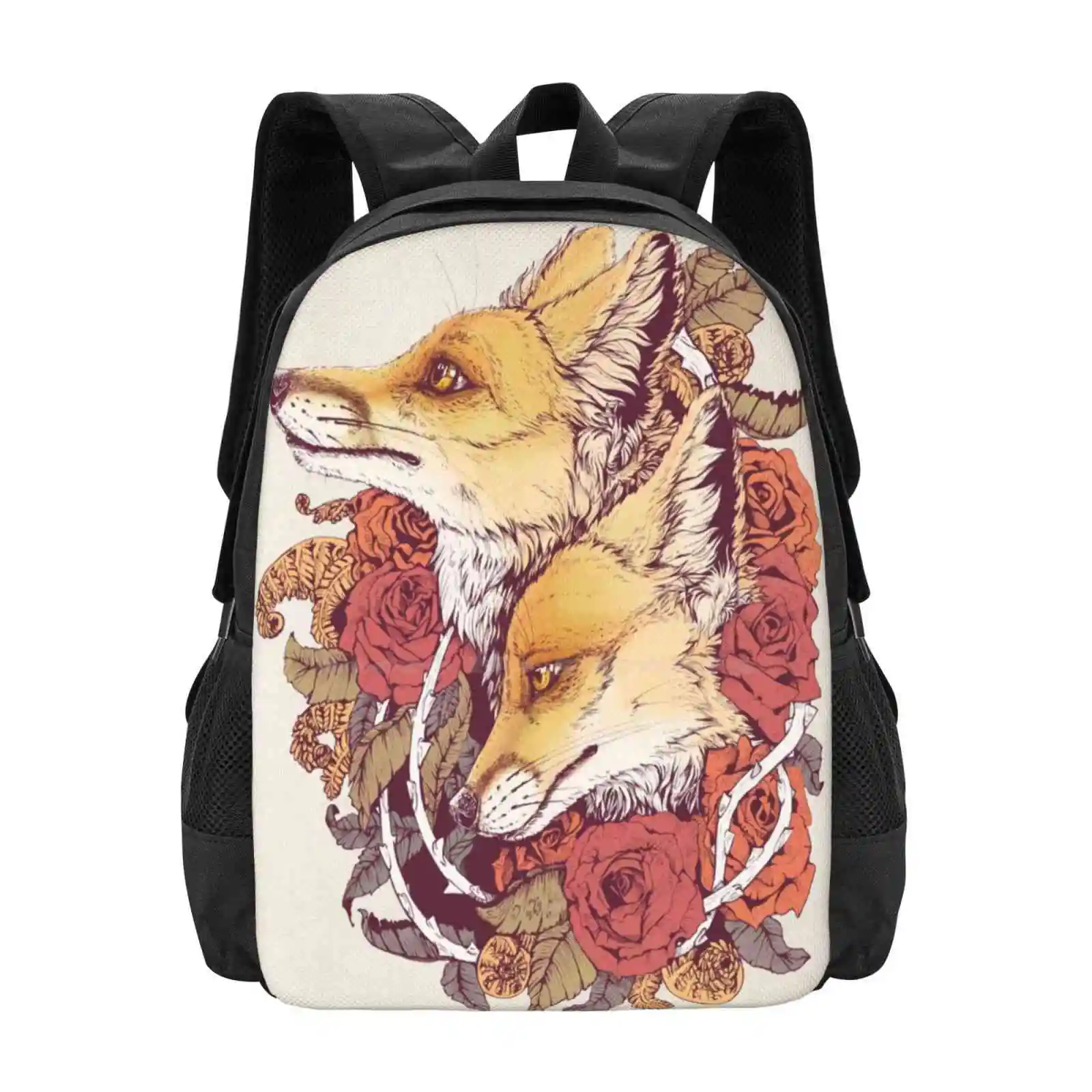 Mochila Red Fox Bloom para homens e mulheres, mochila para adolescentes, rosas, raposas vermelhas, Vixen, vulpes, floral, bud, samambaia, espiral, espinhos, natureza