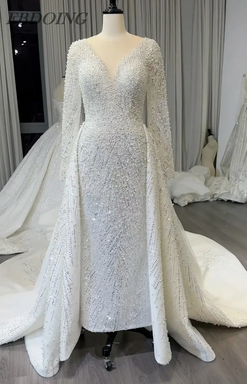 EBDOING Trouwjurk Zeemeermin 2-in-1 Doorzichtige Halslijn Volledige Mouwen Key-Hole Terug Met Kralen Aangepaste Bruidsjurken