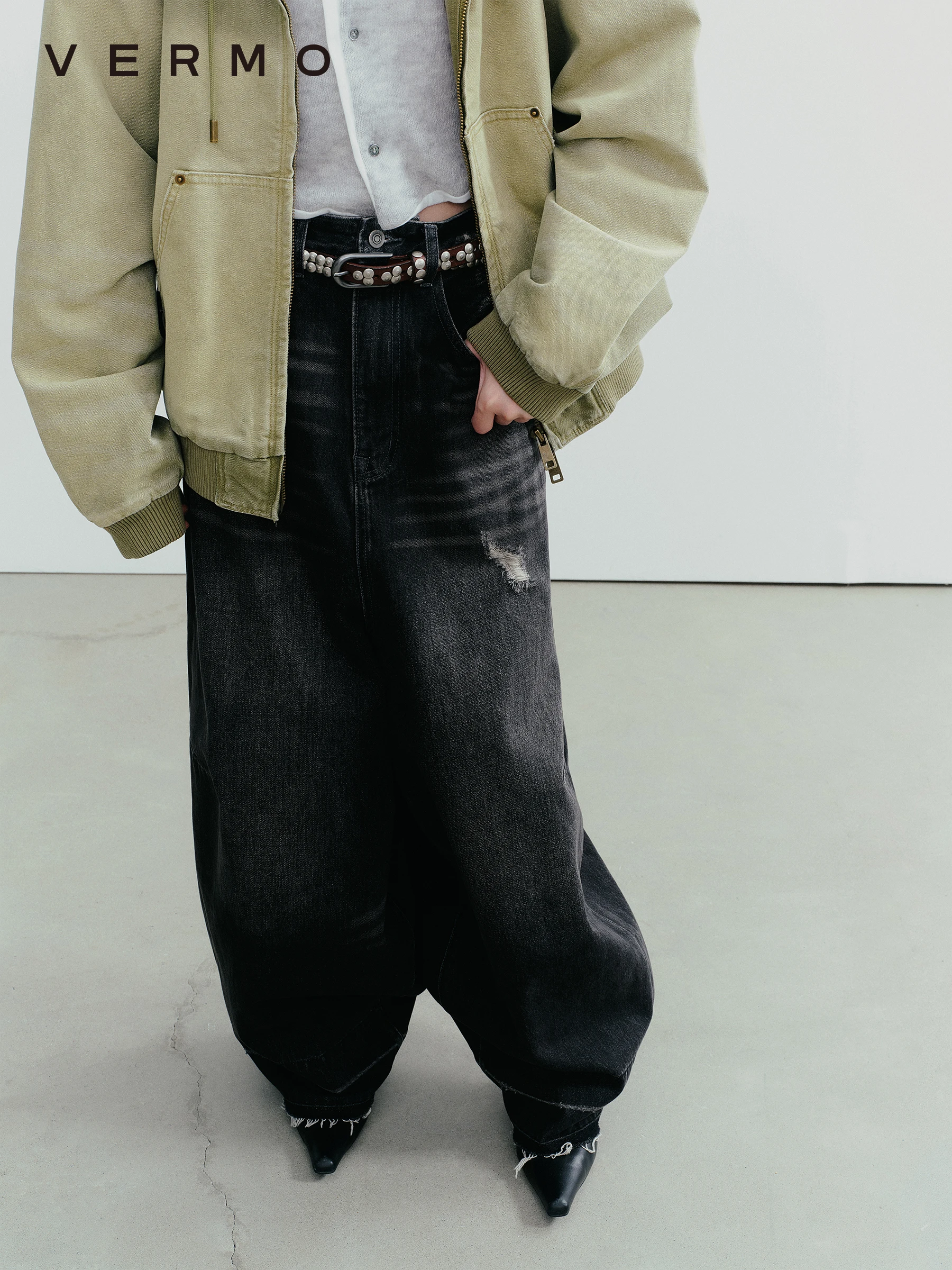 

Джинсы VERMO свободного кроя с эффектом потертости, удобные, не сдавливающие ноги, широкие штанины, хлопок, на молнии, с завышенной талией