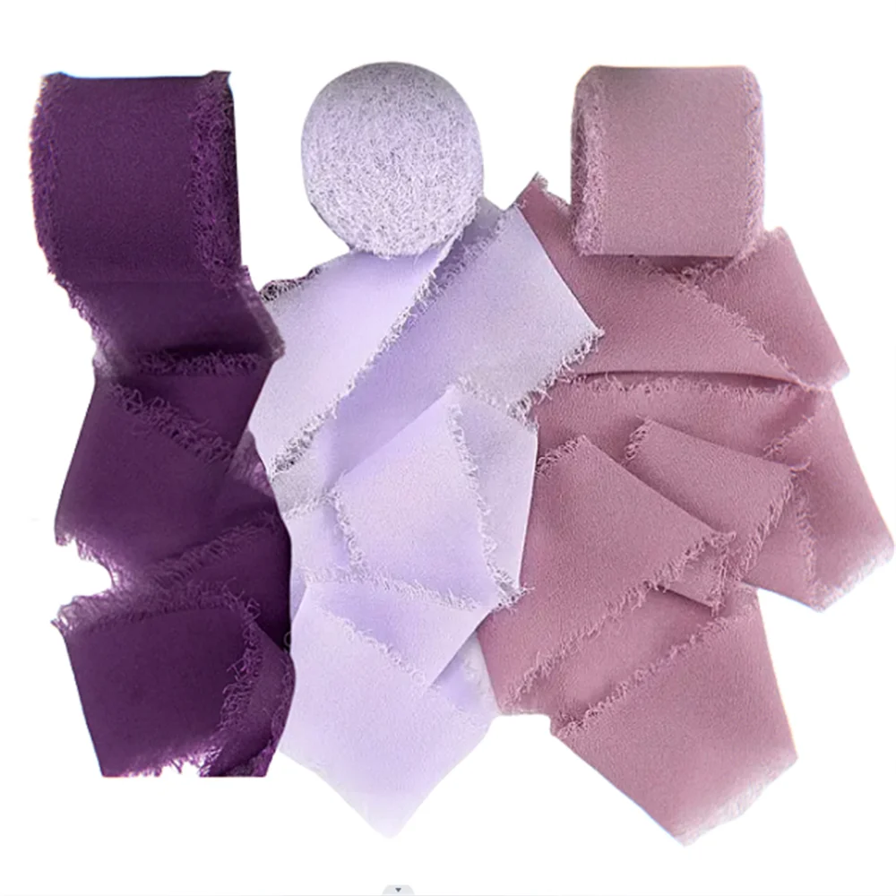 3 Rollen/Set, 5 m, ausgefranstes Satin, handgefertigtes Chiffon-Seidenband für Hochzeitseinladung, Blumensträuße, Geburtstagsfeier, DIY-Dekoration, Geschenk – Detail 5