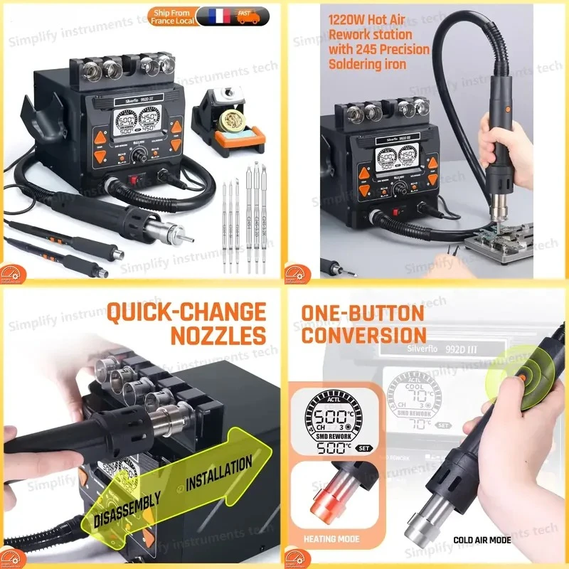 Silverflo 992D III 1220W Soldering Station with Precision Hot Air Rework System Compatible with C210 C245 Soldering Iron