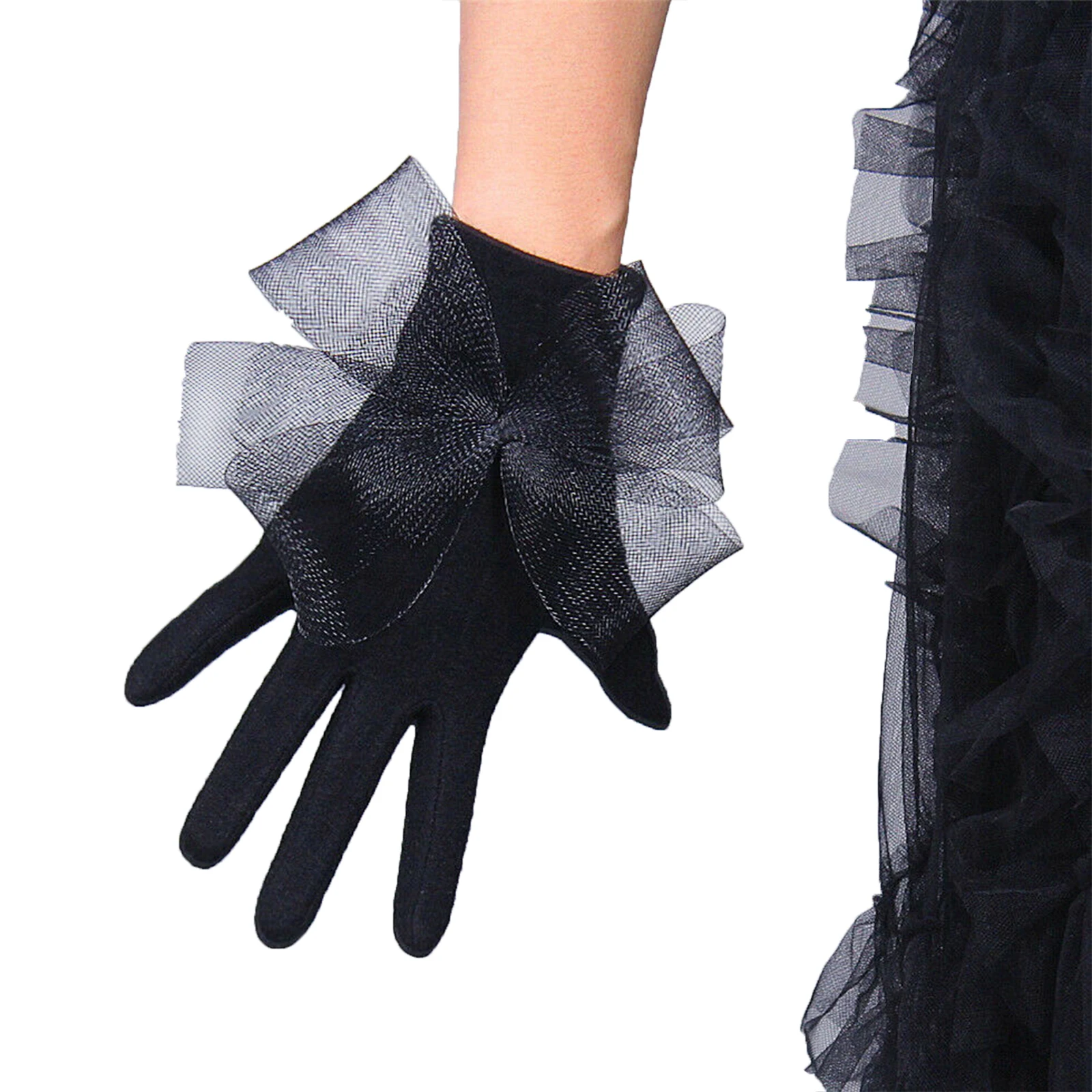 DooWay WOOL GLOVES w/ Extra Large Tulle Bows White Lace Flower Knitting Dressing Fashion Celeb Style Nightclub Short Glove