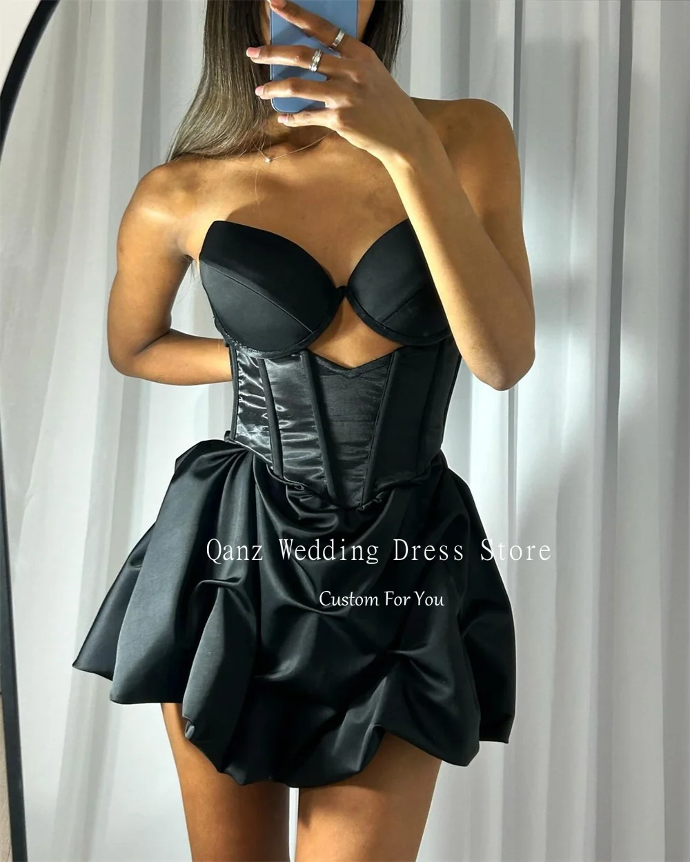 Qanz Sexy Lace Up Back Prom Dress Sweetheart Satin Black Robes De Soirée Mini Party Gown for Women Cocktail Dresses Customized