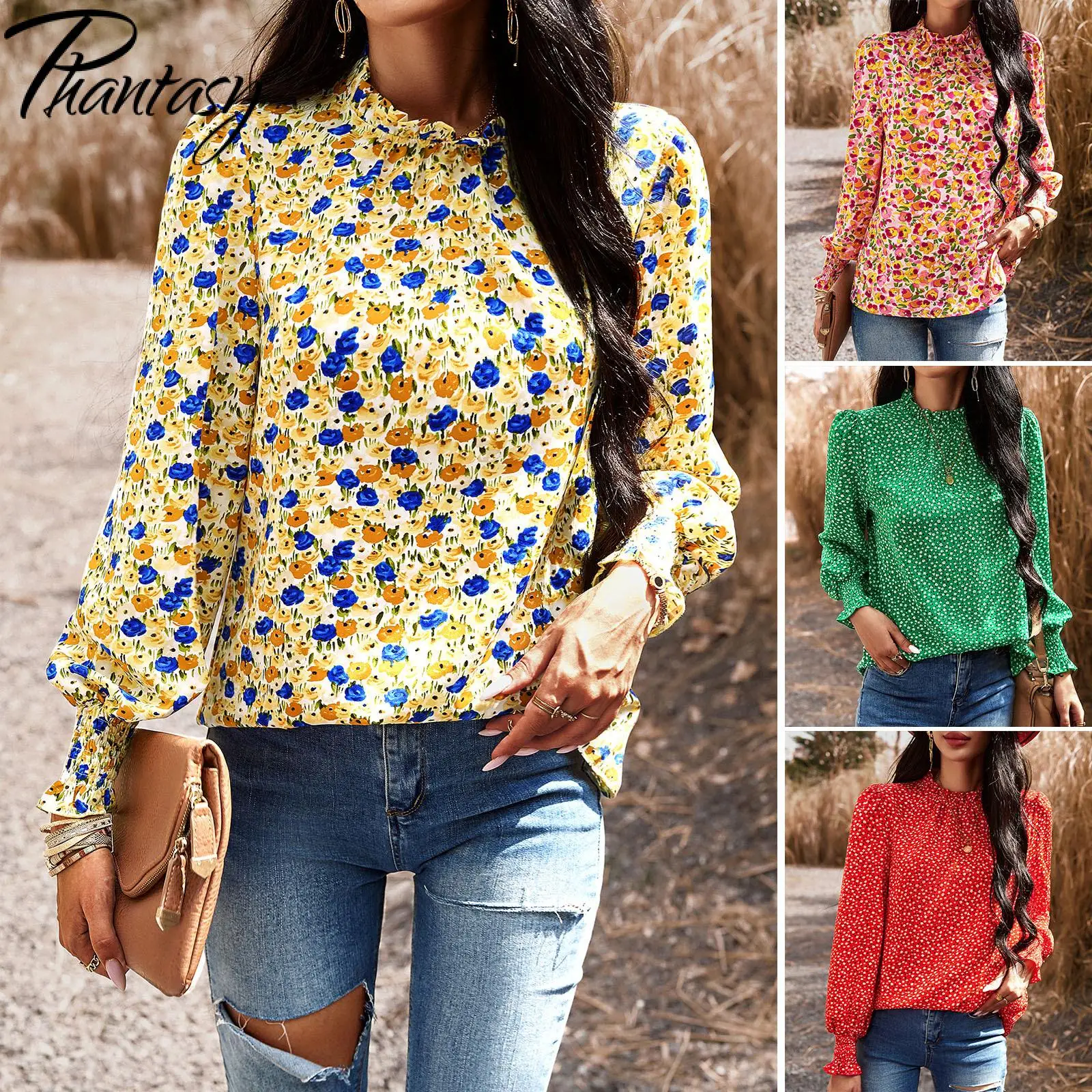 Phantasy Women Office Lady Casual Blouse Elegance Designer Flower Printing Shirt Girl Puff Sleeve Fashion Commuting Loose Tops