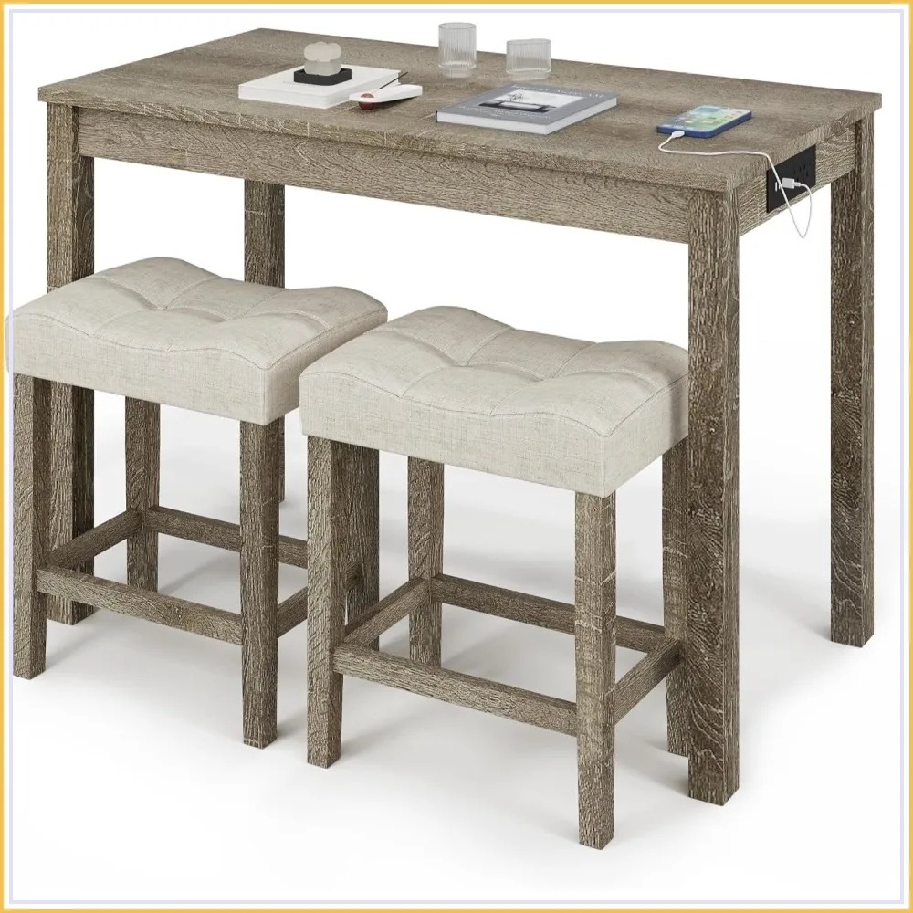 3-Piece Fabric Bar Table Set Socket Kitchen Breakfast Dining