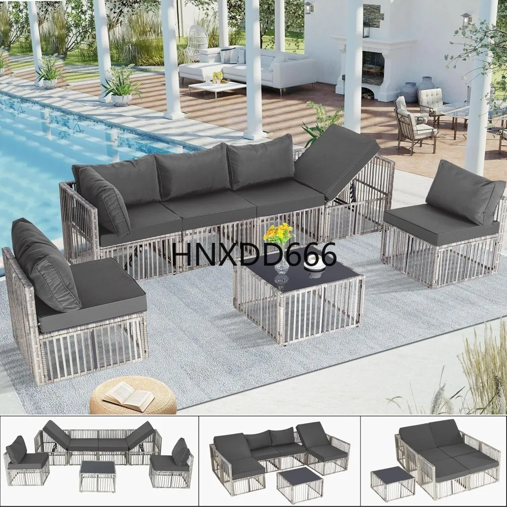 

7 Pieces, Wicker Outdoor Sectional Conversation Couch with Adjustable Backrest Sofa, Garden Furniture Sets