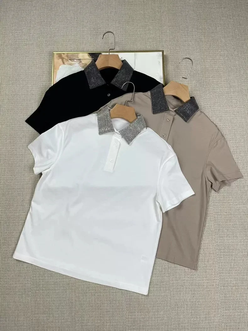 

Women Bead Decoration T-Shirt Front Buttons Turn-down Collar Short Sleeve Solid Color Casual Summer 2024 Tee Tops
