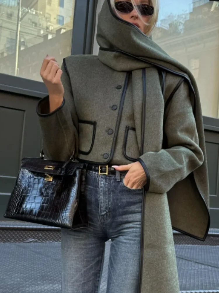 

Женская зеленая свободная верхняя одежда в стиле ретро с карманом для шарфа, однобортный однотонный топ с длинными рукавами, женское модное официальное пальто для поездок на работу