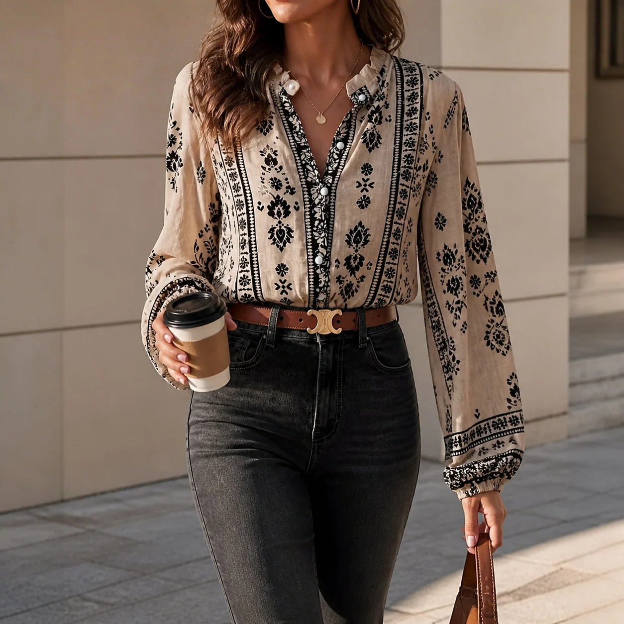Long Sleeve Button Shirt with Geometric Pattern Single Breasted Printed Retro Regular Length Casual Regular Fit Women Shirt