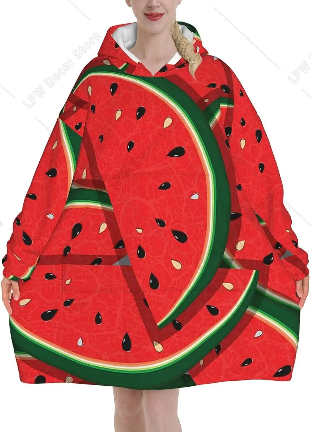 Red Watermelon Print Blanket Hoodies For Women & Men Adult Teen Wearable Hooded Sweatshirt With Pocket