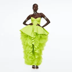 Fashion Apple Green Ruffles Prom Dresses Strapless Jewel Sleeveless Zipper Back Satin and Tulle Evening Dress Puffy Party Gowns