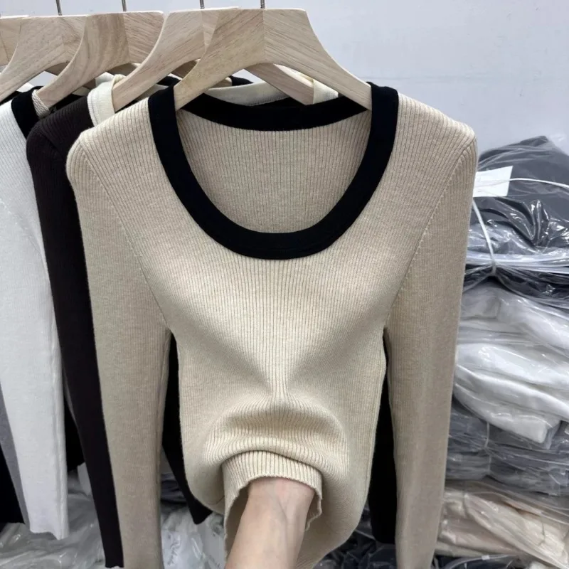 Plus Size Women Contrast U Neck Ribbed Long Sleeve Top Autumn Winter Slim Inner Blouse For Fat Ladies S-6XL