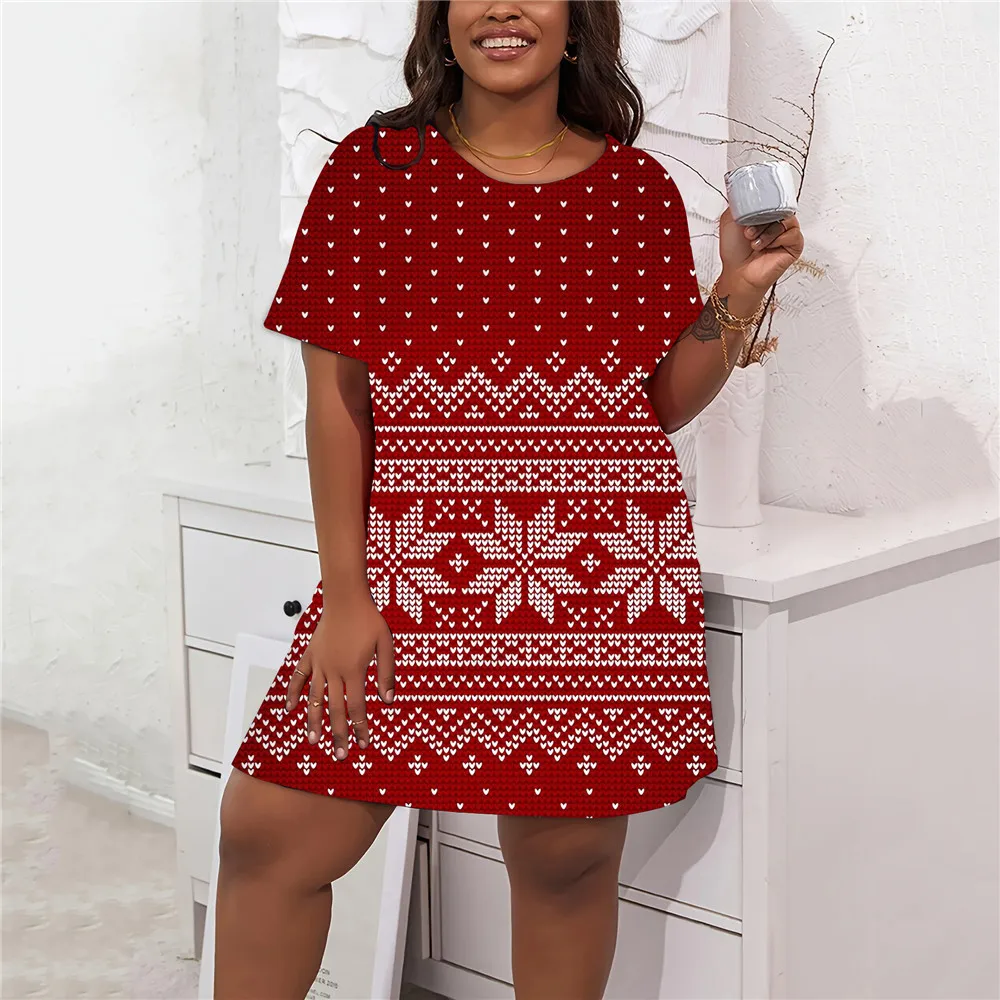 Snowflake Print Christmas Party Women\'s Dresses Casual Short Sleeve Elegant Ladies Xmas Dress Winter Plus Size Fashion Clothing