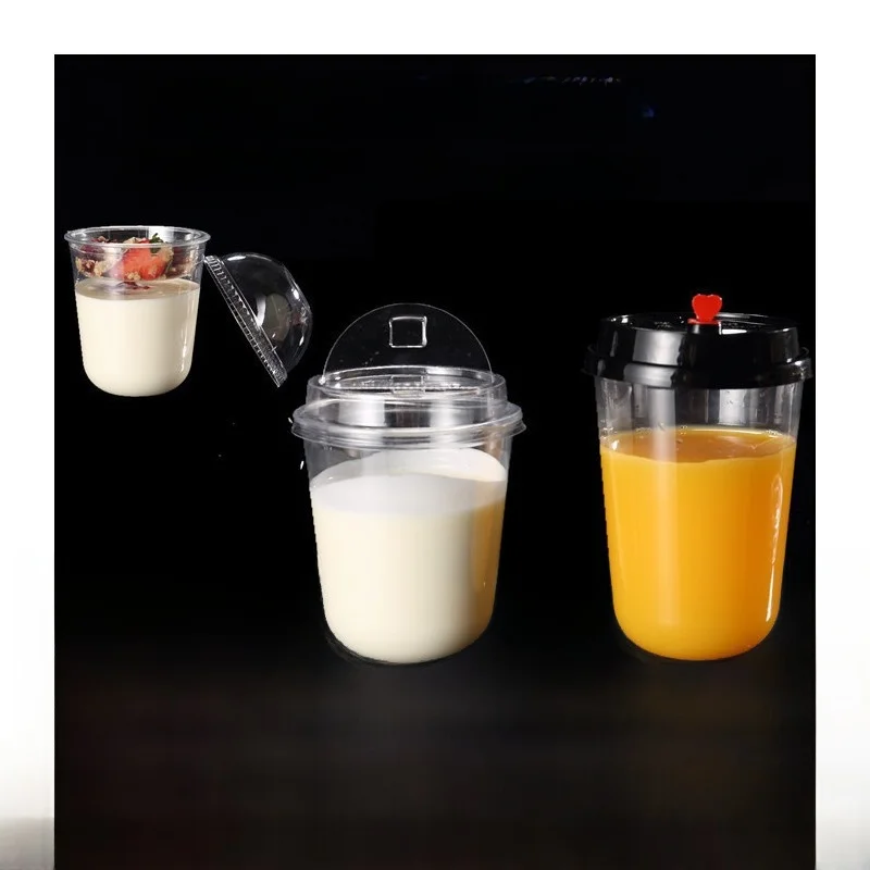 Vaso desechable en forma de U para bebidas, vaso de plástico para té con leche, yogur, jugo, PET, transparente, 500 ml, con tapa, estilo chino.