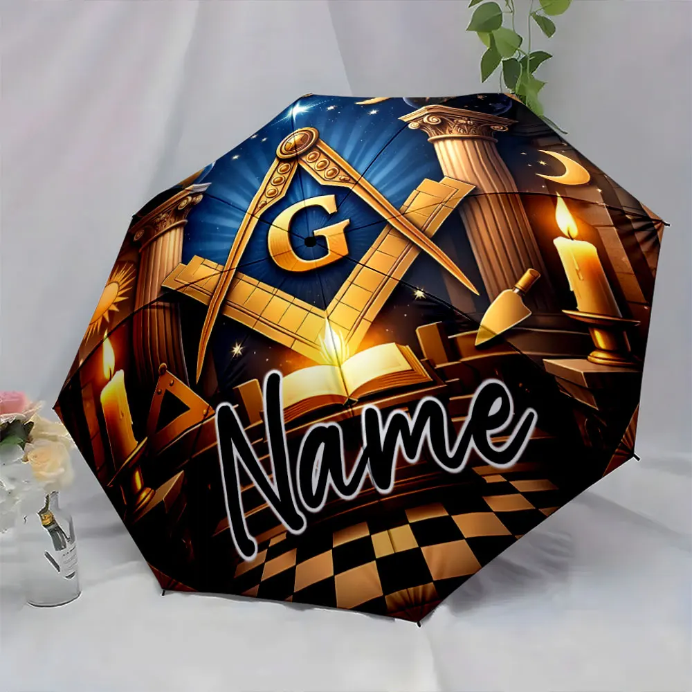 Custom Name Intricate Masonic Symbols on an Artistic Umbrella Print 8 Iron Ribs Folding Umbrella Auto-Open Fashion Sunshade