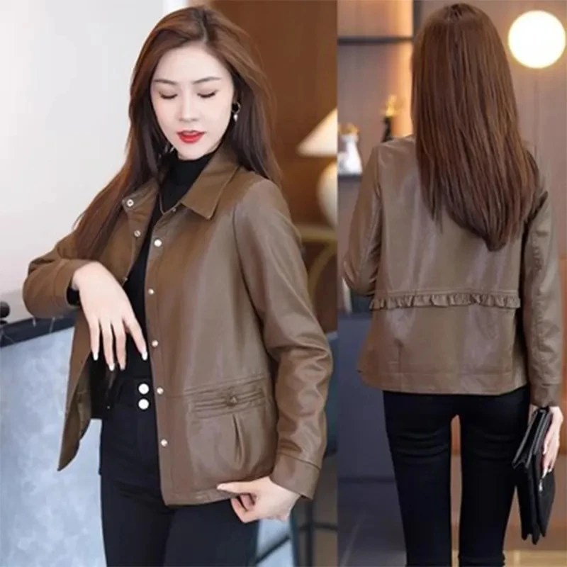 Chaqueta de cuero sintético para mujer, abrigo corto de alta calidad, elegante, versión coreana, primavera y otoño, novedad de 2024