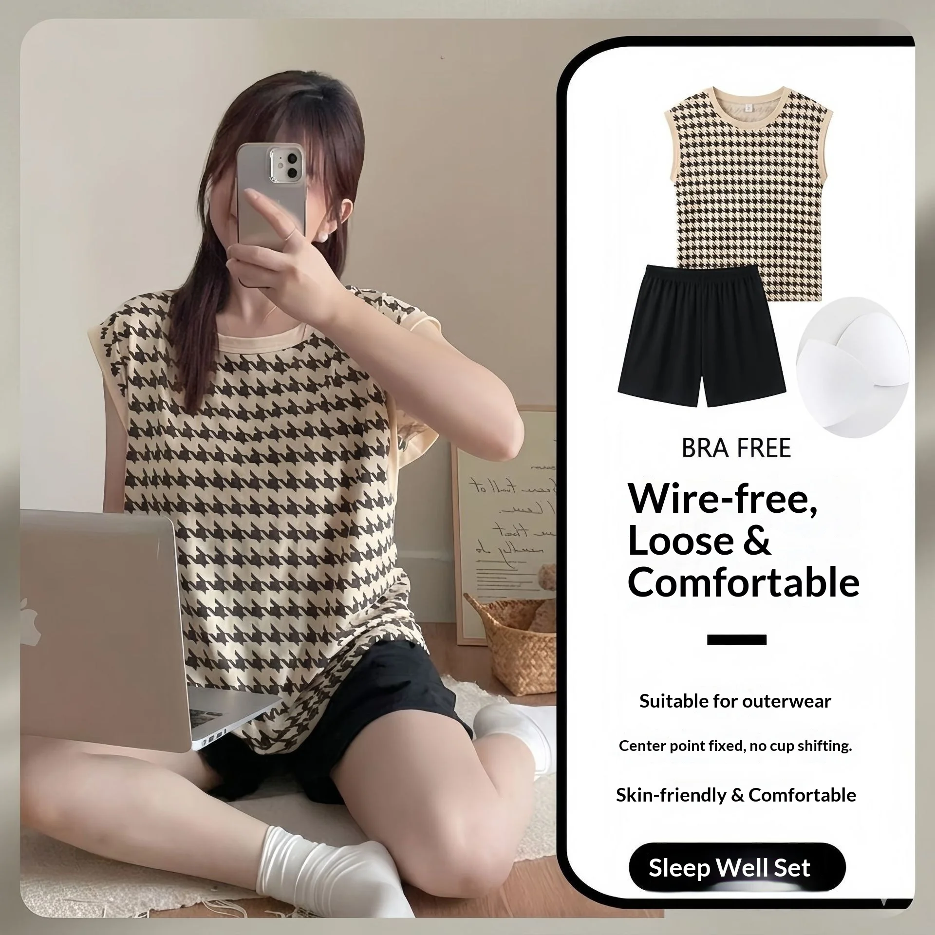 Conjunto de Pijama de Verano para Mujer con Chaleco Acolchado, Estampado a Rayas, Cuello Redondo, Cómodo, con Pantalones Cortos