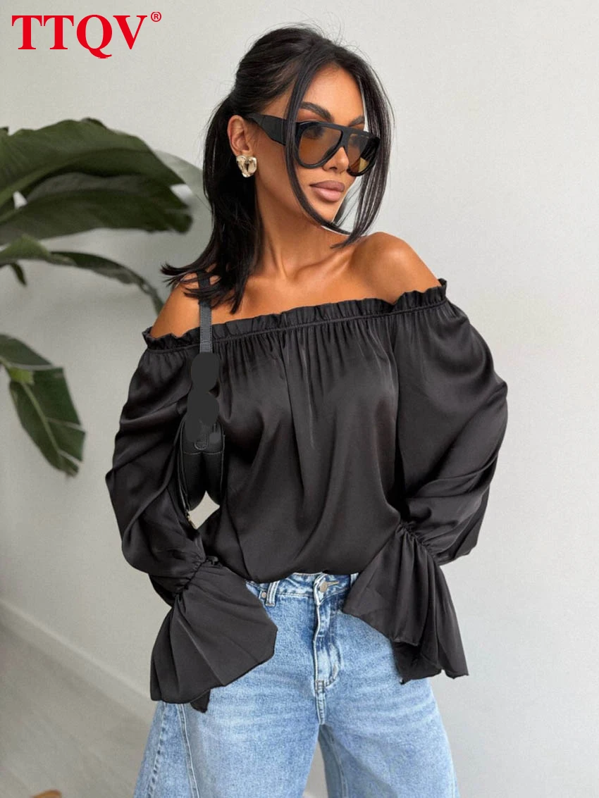 

Модная свободная черная атласная женская рубашка TTQV с вырезом-лодочкой, длинными рукавами, элегантный классический однотонный топ, женская одежда