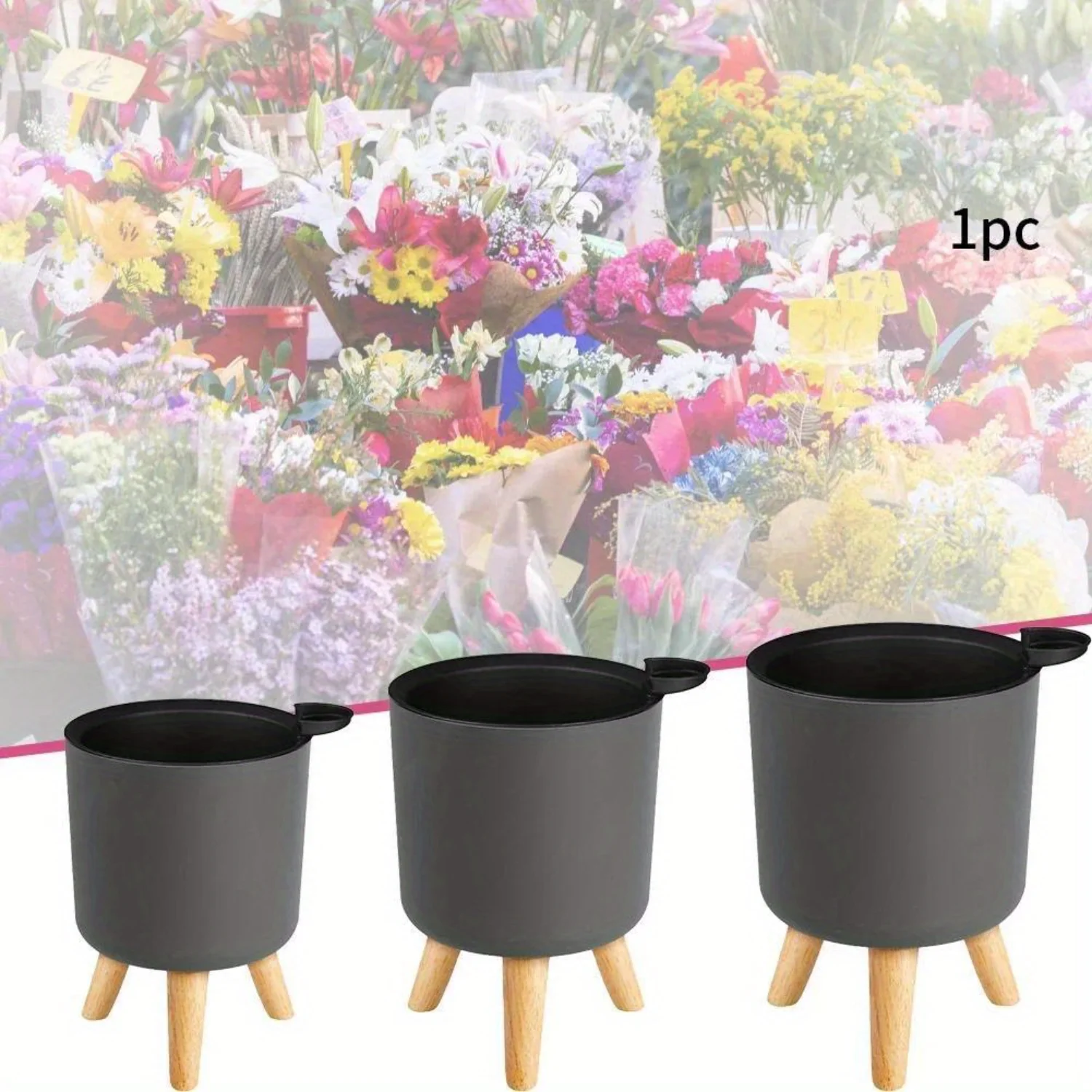 Modern Round Flower Pot with Wooden Legs - Self-Watering Drainage System for Bonsai Plants, Garden Nursery Container Accessory