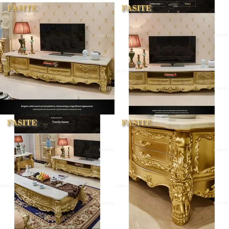 For European Villa Solid Wood Carved Flower TV Cabinet with Storage Living Room Furniture High End Home Decor