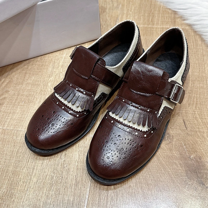 

Retro Style Single Strap Women's Shoes Floral Carving Tassel Square Head Low Heel Pumps Casual Leather Shoes for Autumn Season