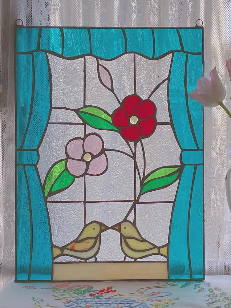 

Handmade Stained Glass Window Panel, Turquoise Border with Floral Design and Birds, Decorative Hanging Art, 30x40cm