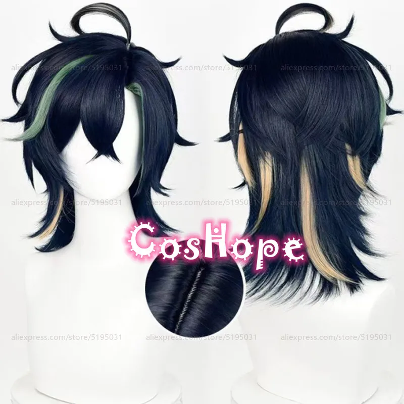 Kinich Cosplay Wig 35cm Short Braided Hair Black Green Golden Highlights Wig Cosplay Anime Heat Resistant Synthetic Wigs